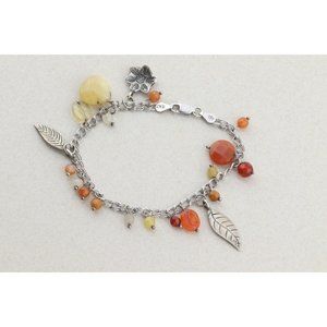 Sterling Silver Leaf Charm Bracelet Orange, Red,Yellow, Quartz Beads 7 inch